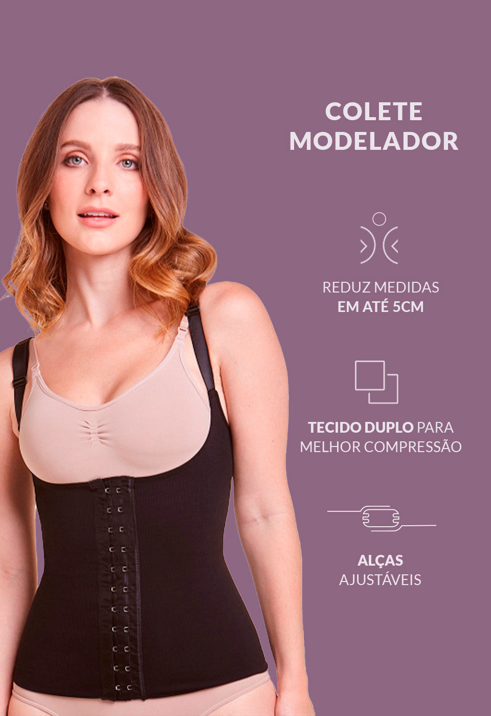 Colete Modelador Com Barbatana E Tecido Duplo Afina Cintura Preto