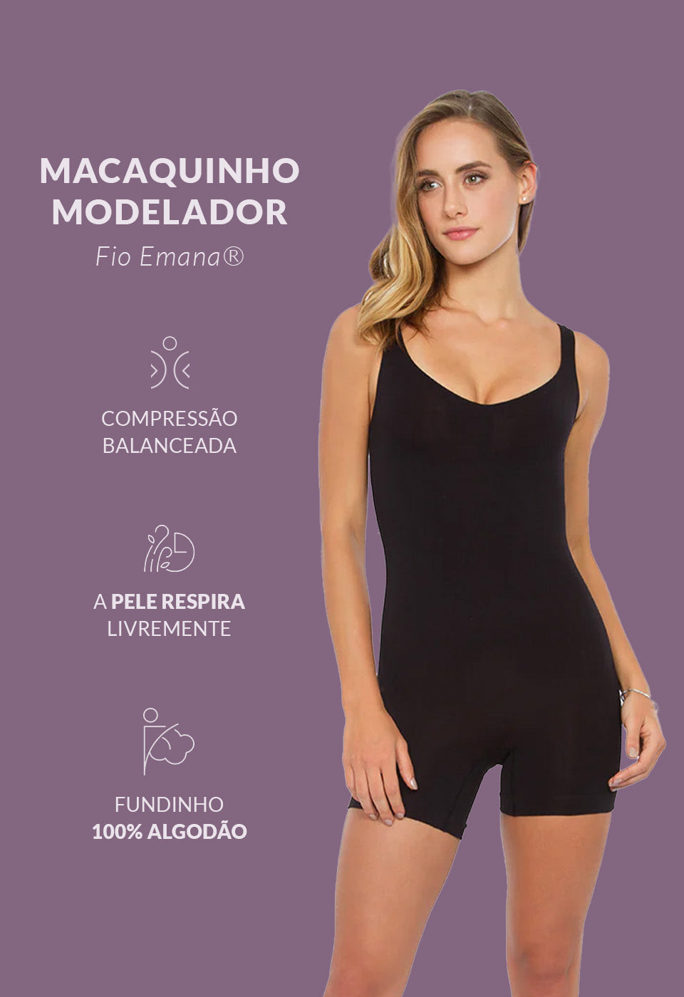 Body Modelador Macaquinho Emana Ameniza Celulite Preto