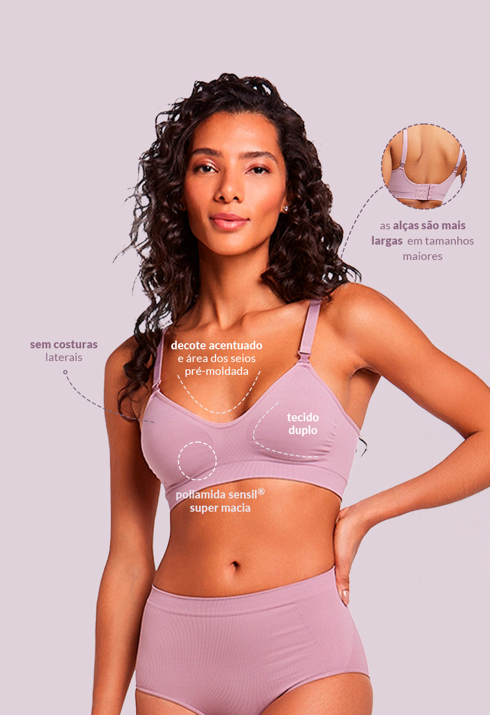 Sutiã Modelador Sustentação Sem Bojo Tecido Duplo Alças Removíveis Valoriza Os Seios Lilac