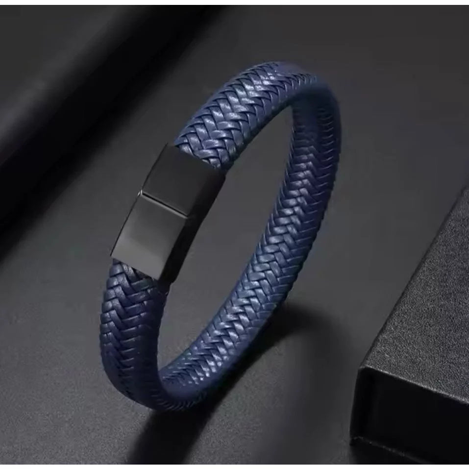 Pulseira Masculina de Couro Genuino Com Fecho de Aço Elite