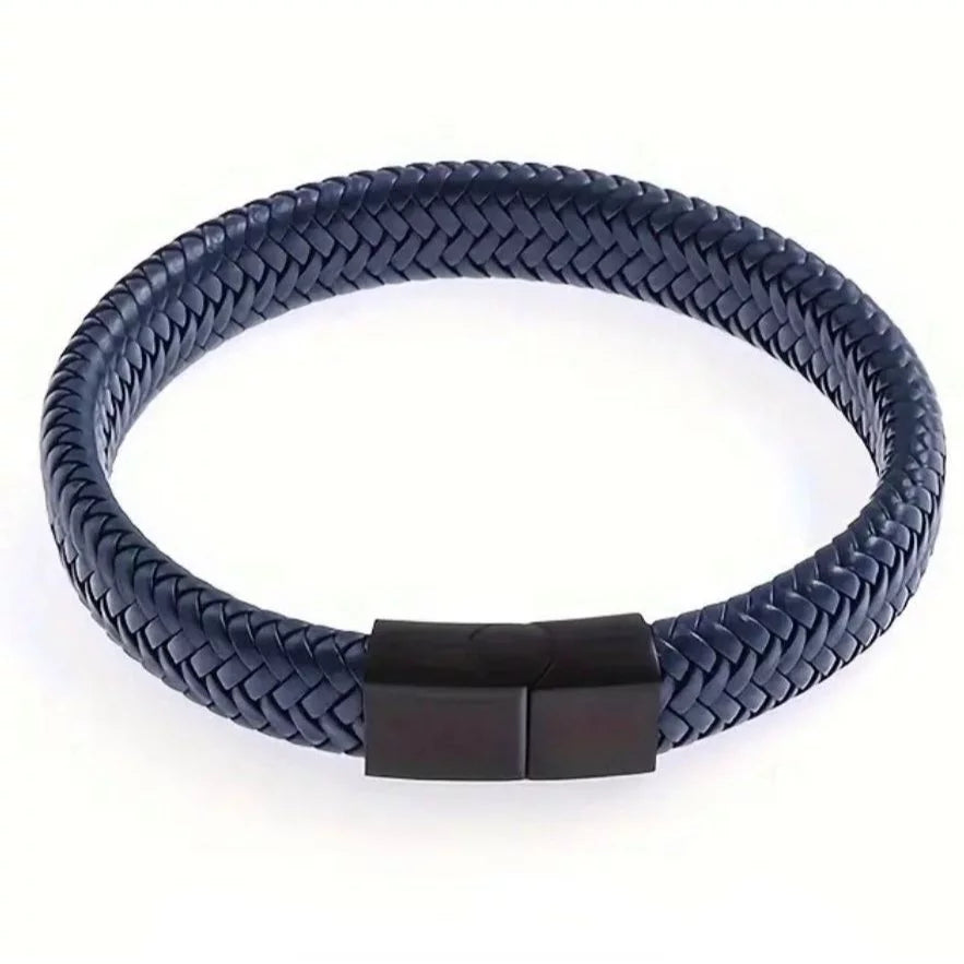 Pulseira Masculina de Couro Genuino Com Fecho de Aço Elite