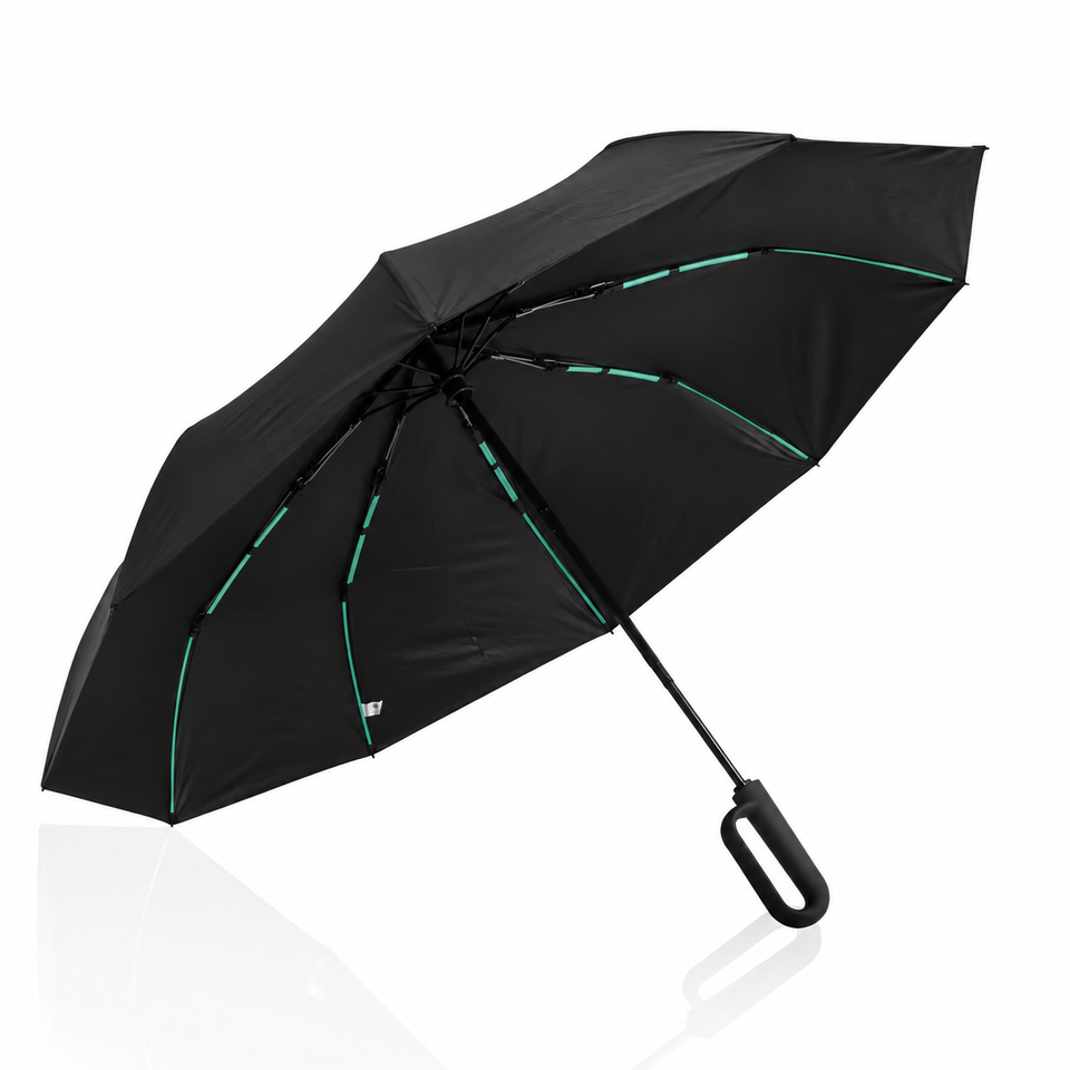 Guarda chuva automático com cabo mosquetão preto, com hastes de detalhe verde, aberto