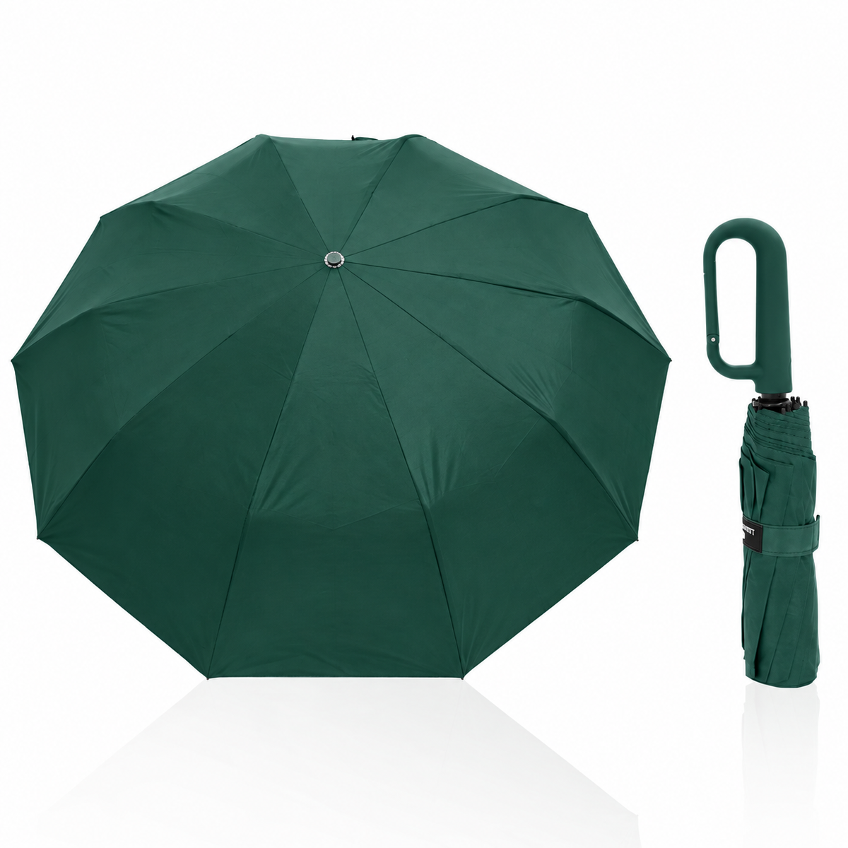 Guarda chuva automático com cabo mosquetão verde, aberto e fechado