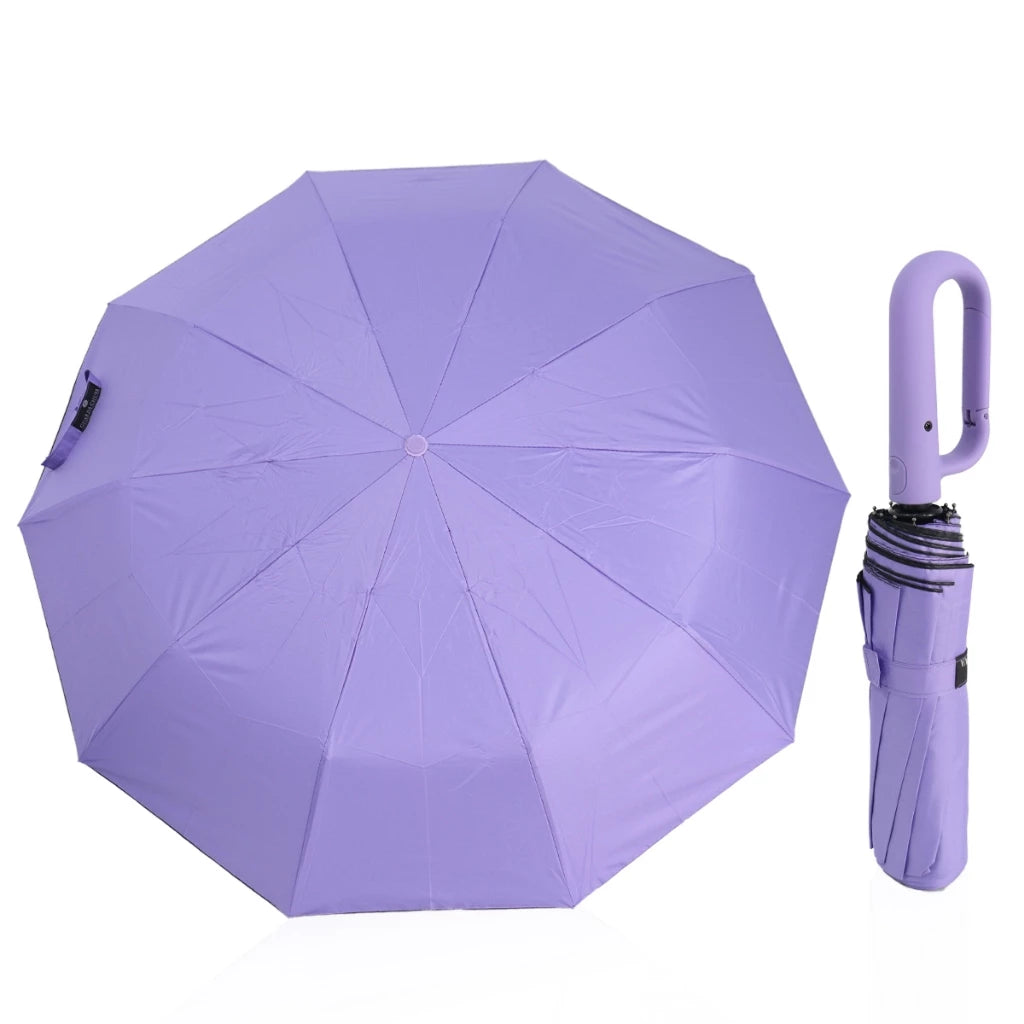 Guarda chuva automático com cabo mosquetão lilás, aberto e fechado