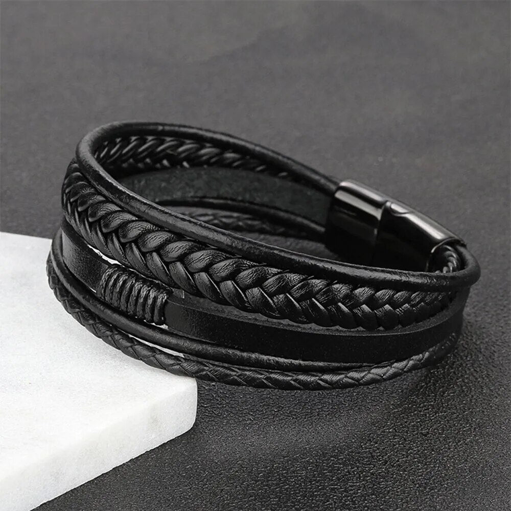 Pulseira Masculina Bracelete de Couro Genuino Com Fecho de Aço
