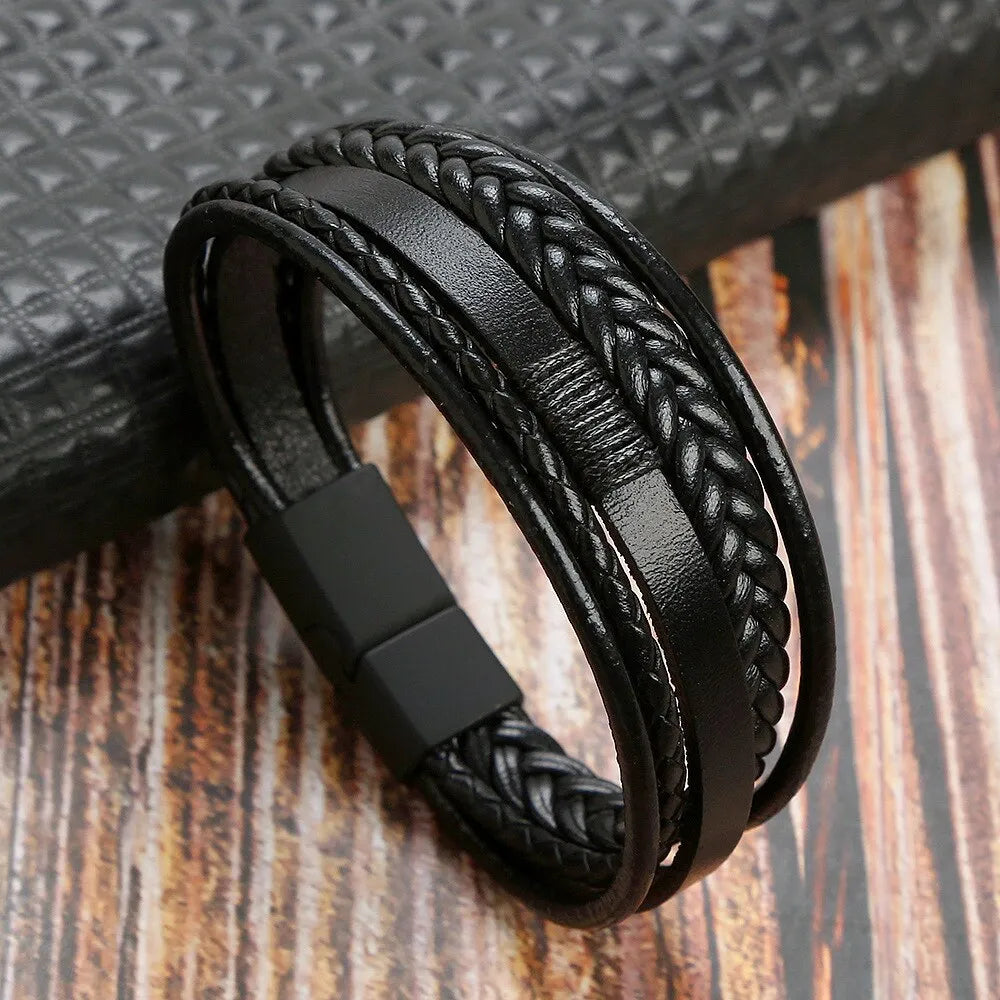 Pulseira Masculina Bracelete de Couro Genuino Com Fecho de Aço
