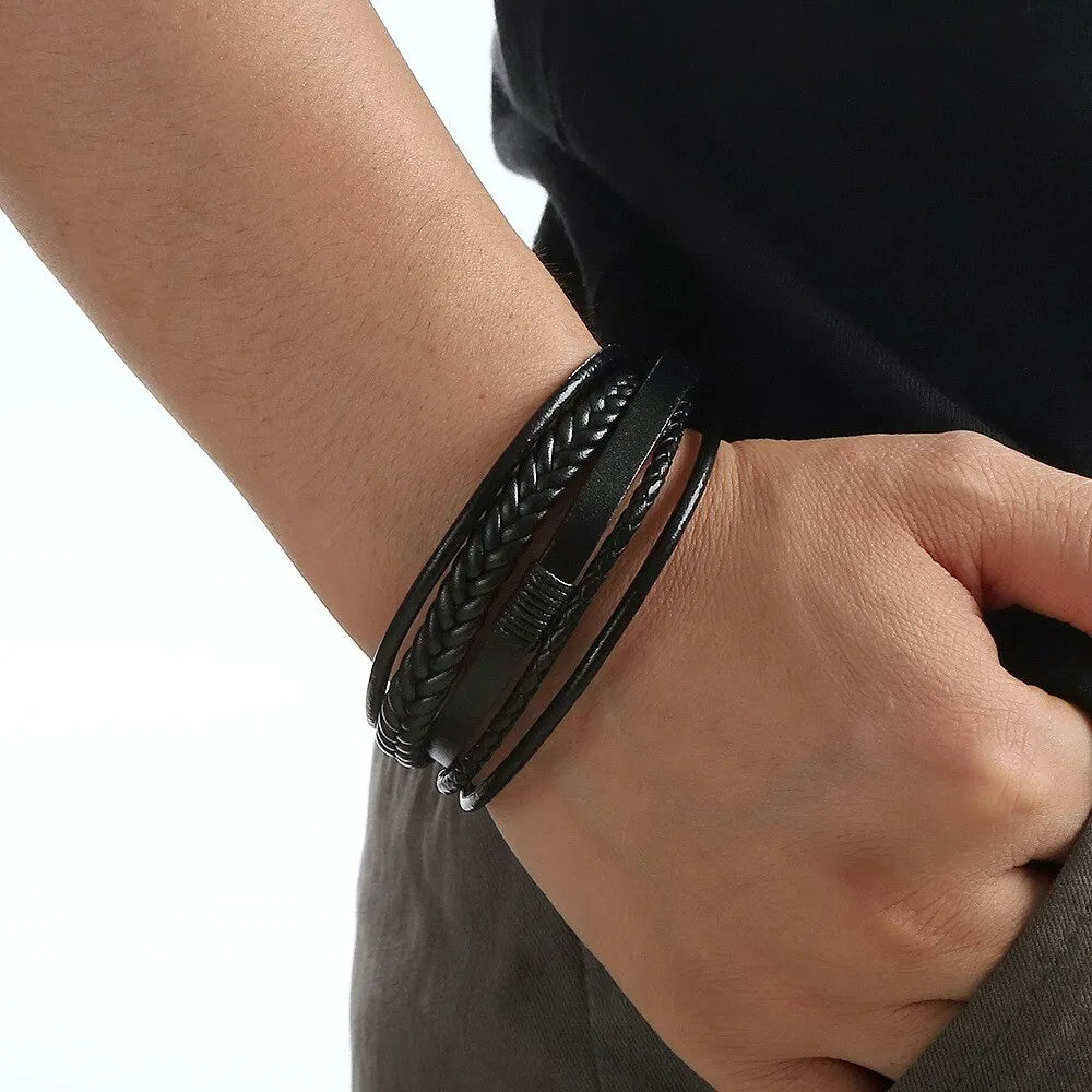 Pulseira Masculina Bracelete de Couro Genuino Com Fecho de Aço