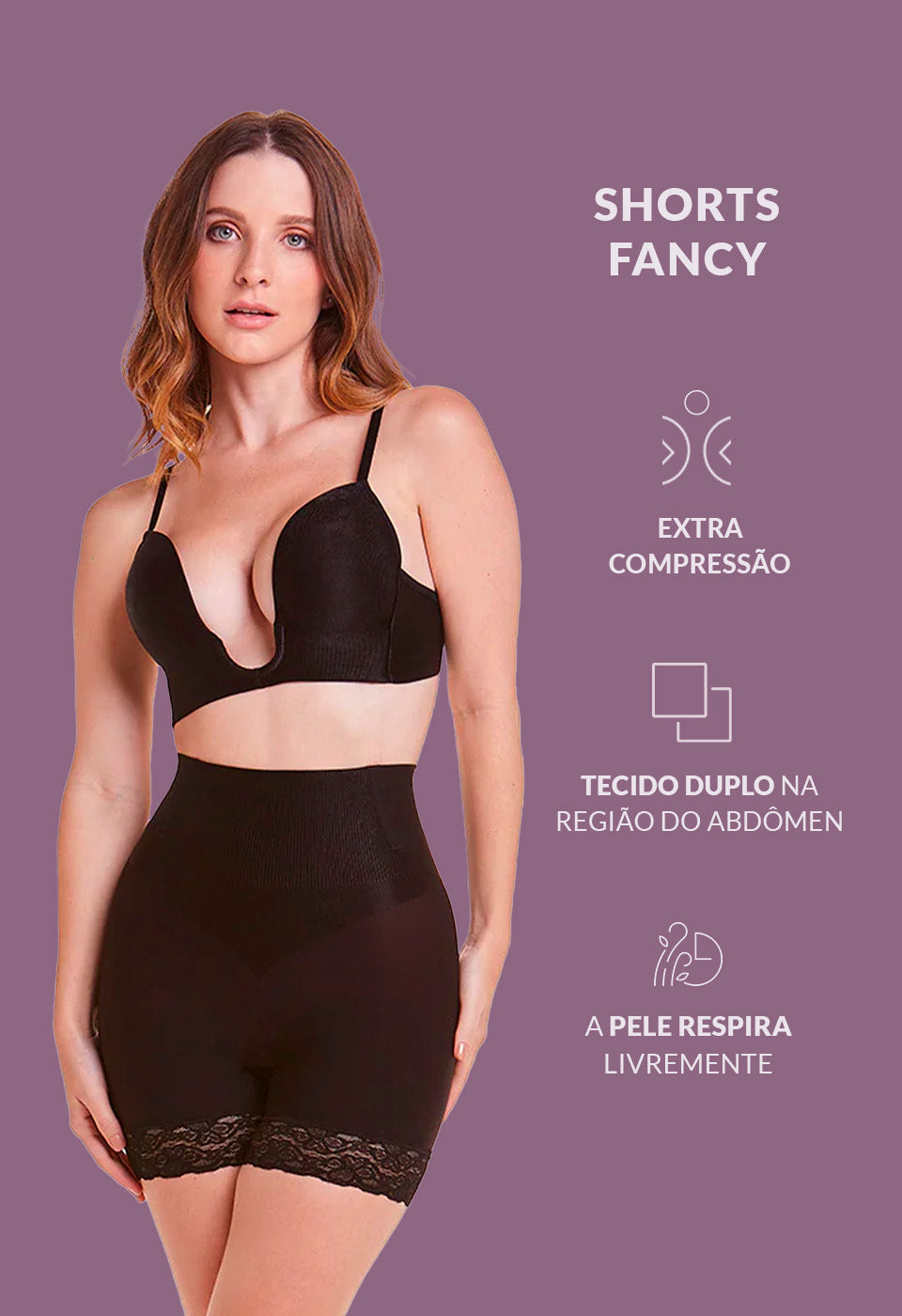 Shorts Modelador Abdominal Com Renda Levanta Bumbum Black