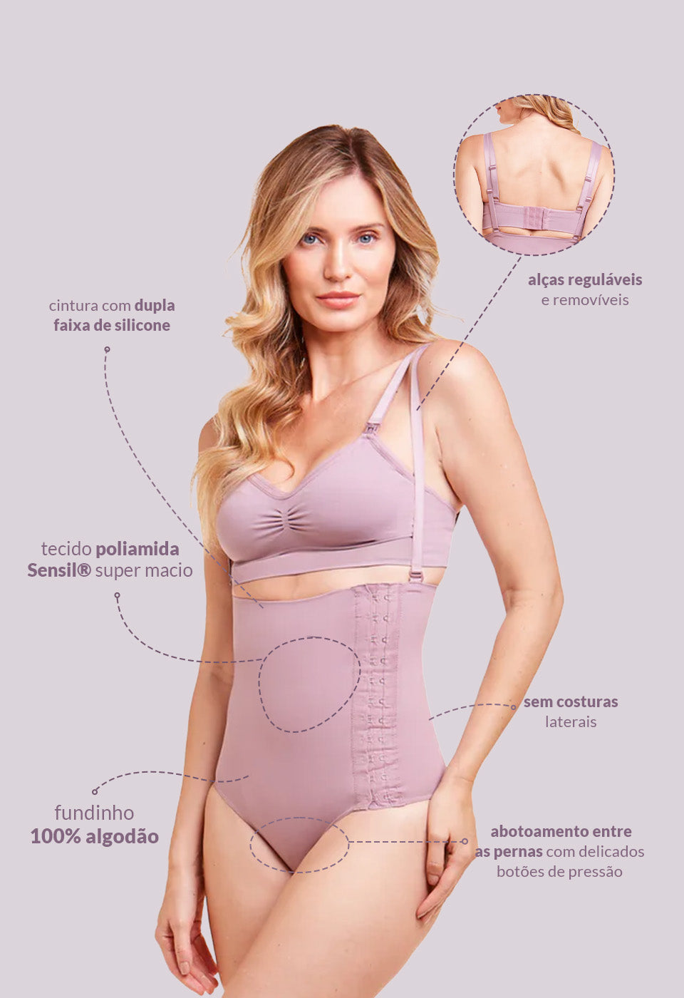 Calcinha Modeladora Cintura Alta Com Alças Removíveis Maternidade Pós Parto Lilac