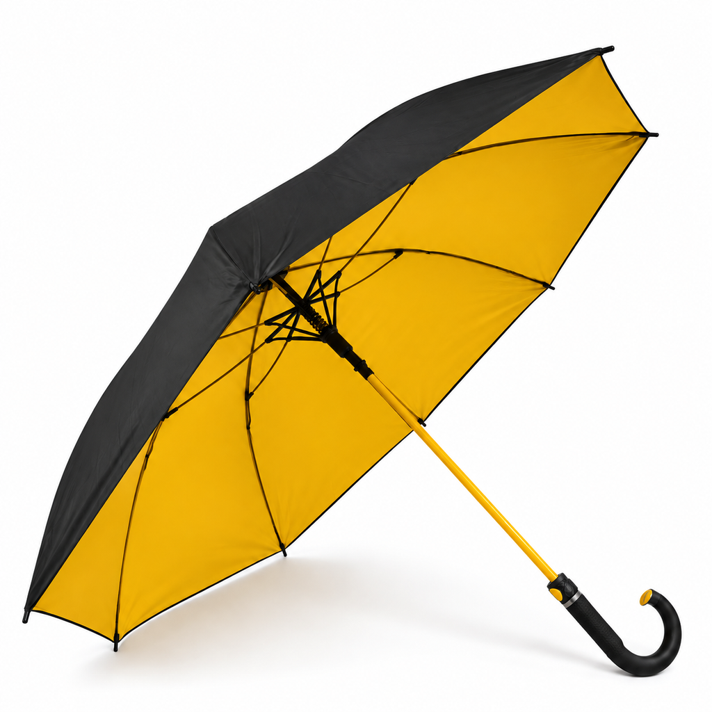 Guarda chuva grande de cabo curvo, preto por fora e amarelo por dentro