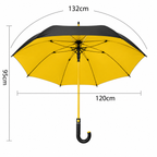 Medidas do guarda chuva grande de cabo curvo: 120 cm de diâmetro, 132 cm de arco e 95 cm de altura
