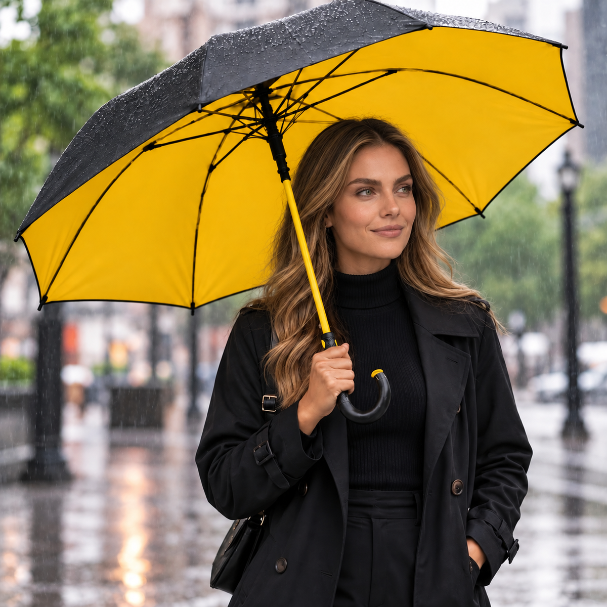 Mulher na chuva com guarda chuva grande de cabo curvo amarelo por dentro