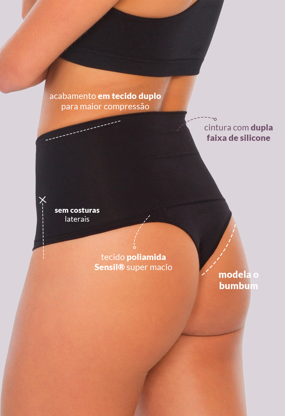 Calcinha Modeladora Cintura Alta Fio Dental Tecido Duplo Afina Cintura Preto