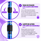 Arte do ajuste de altura: trava giratória para soltar e fixar, e a marca STOP como limite de segurança