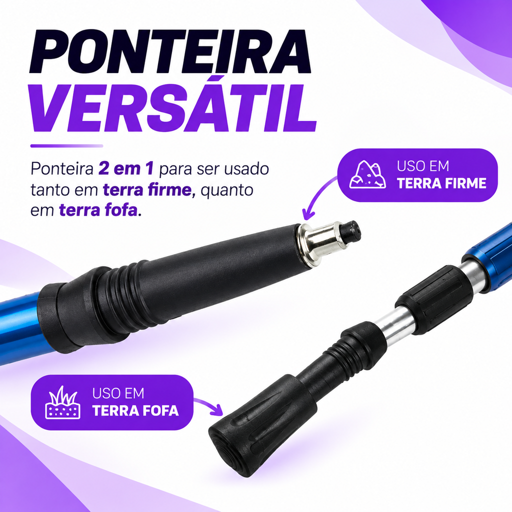 Ponteira 2 em 1 do bastão: ponta metálica para terra firme e ponteira de borracha para terra fofa