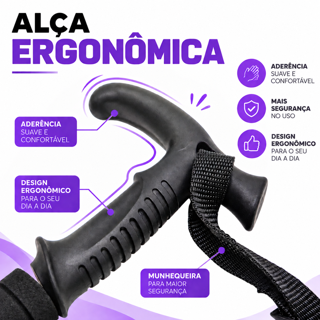 Detalhe do punho ergonômico emborrachado do bastão com a munhequeira de segurança