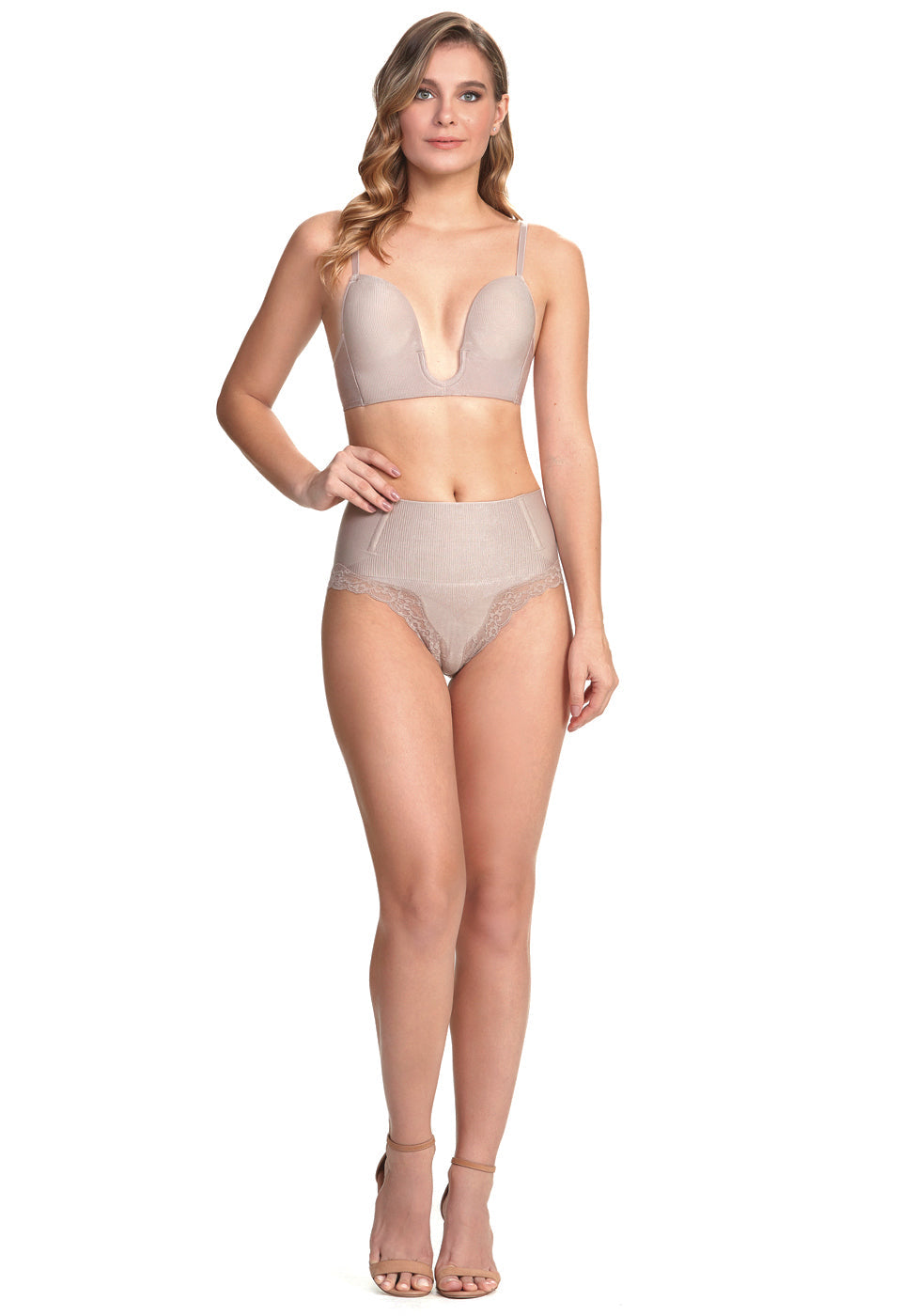 Calcinha Modeladora Cintura Alta Com Renda Afina Cintura Blush