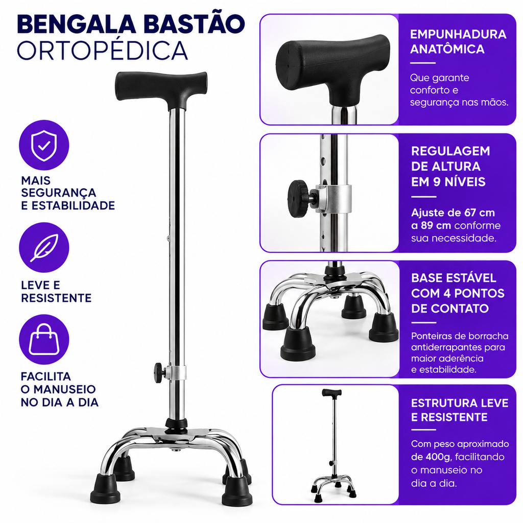 Arte das características da bengala de 4 pontas: base ampla, regulagem por pino mola e ponteiras antiderrapantes