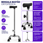 Arte das características da bengala de 4 pontas: base ampla, regulagem por pino mola e ponteiras antiderrapantes