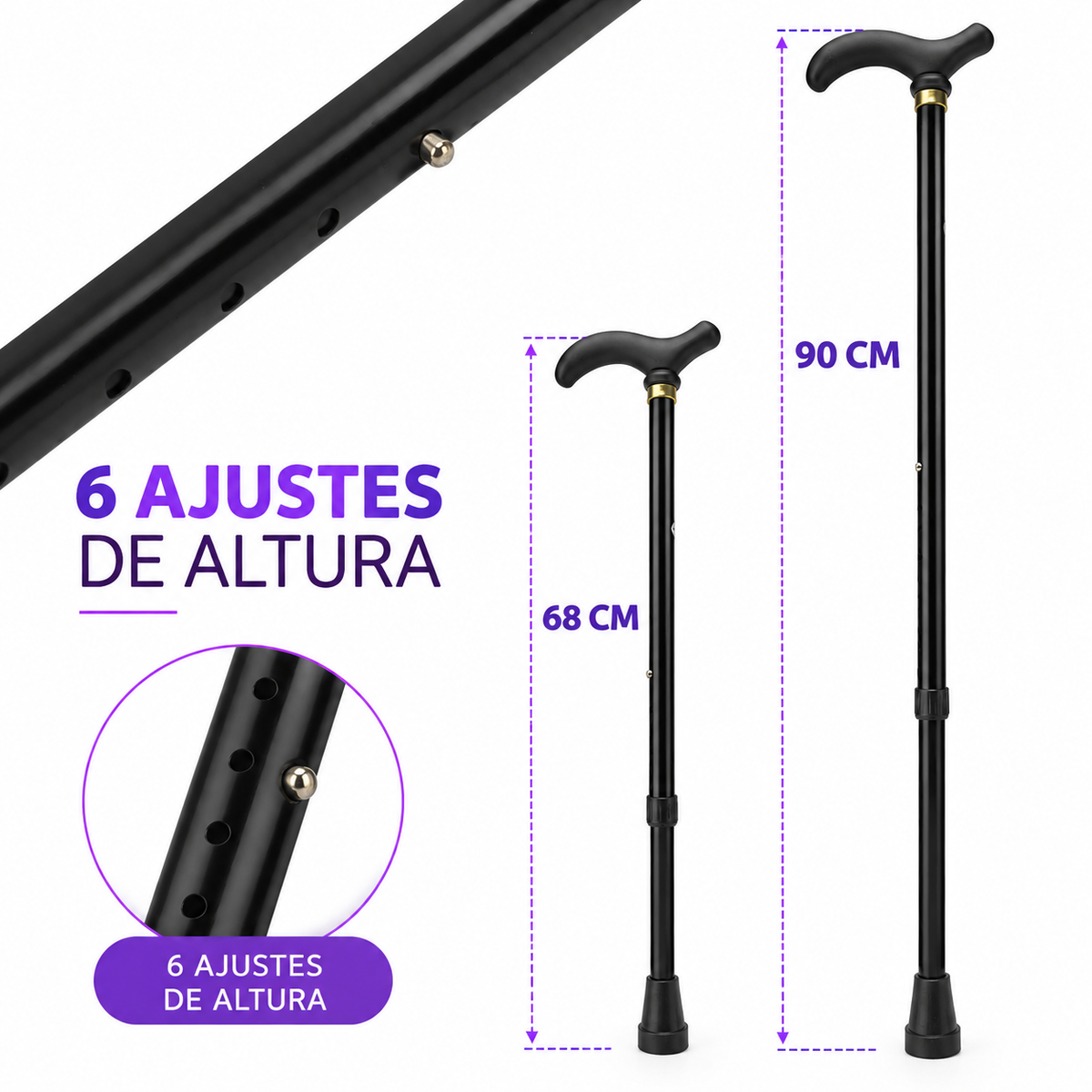 Arte dos 6 ajustes de altura da bengala de alumínio, de 68 cm a 90 cm