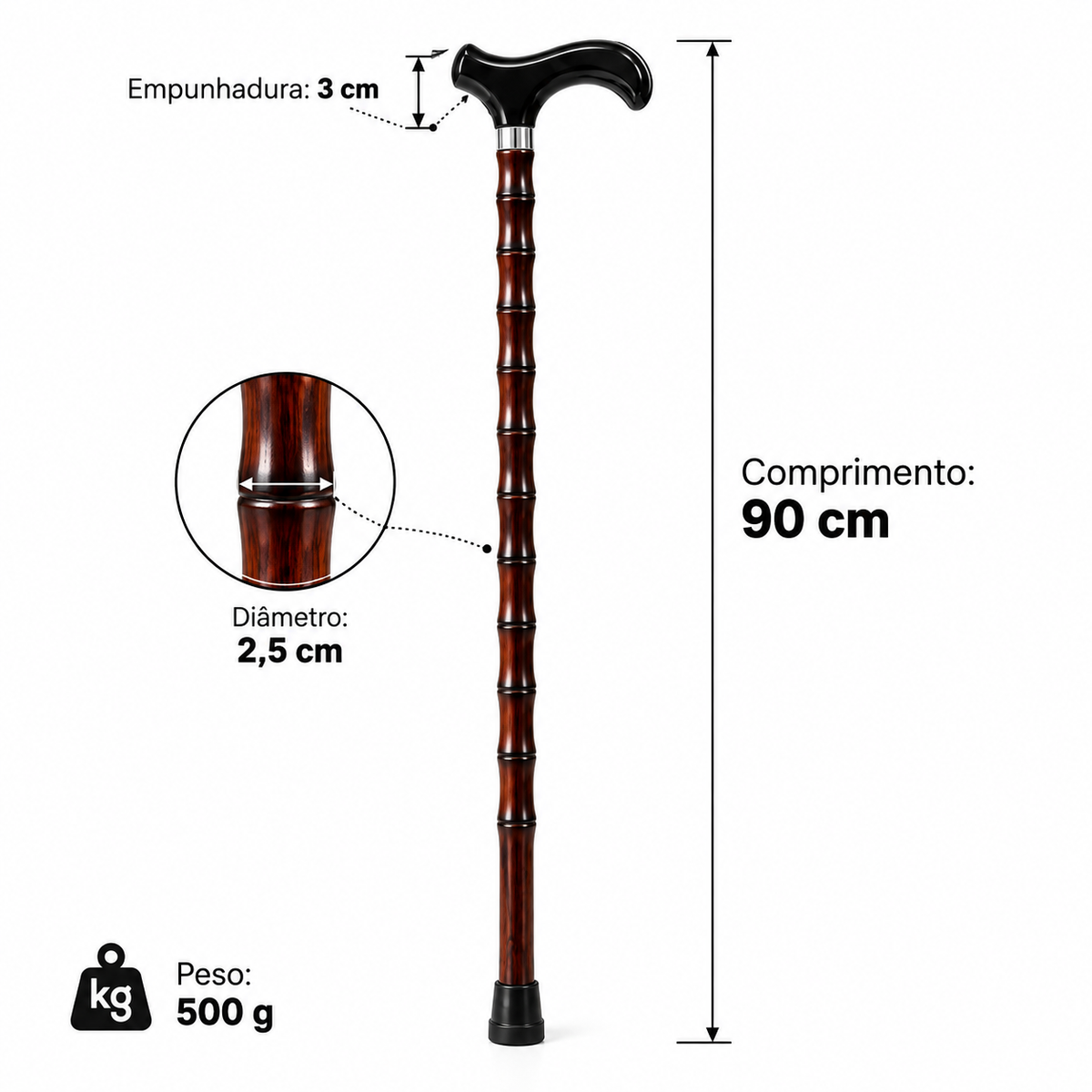 Medidas da bengala: 90 cm de comprimento, haste de 2,5 cm de diâmetro, empunhadura de 3 cm e 500 g