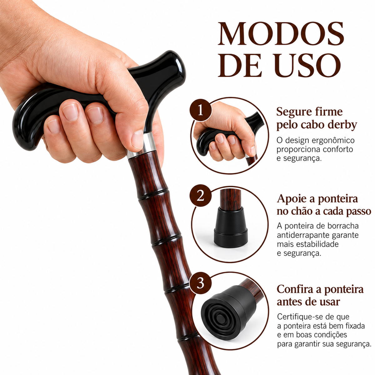 Arte com os modos de uso da bengala: segurar firme pelo cabo derby, apoiar a ponteira no chão e conferir a ponteira antes de usar