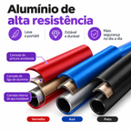 Arte das camadas do tubo: pintura anodizada por fora, liga de alumínio no meio e camada interna de aço inoxidável, nas cores vermelha, azul e preta