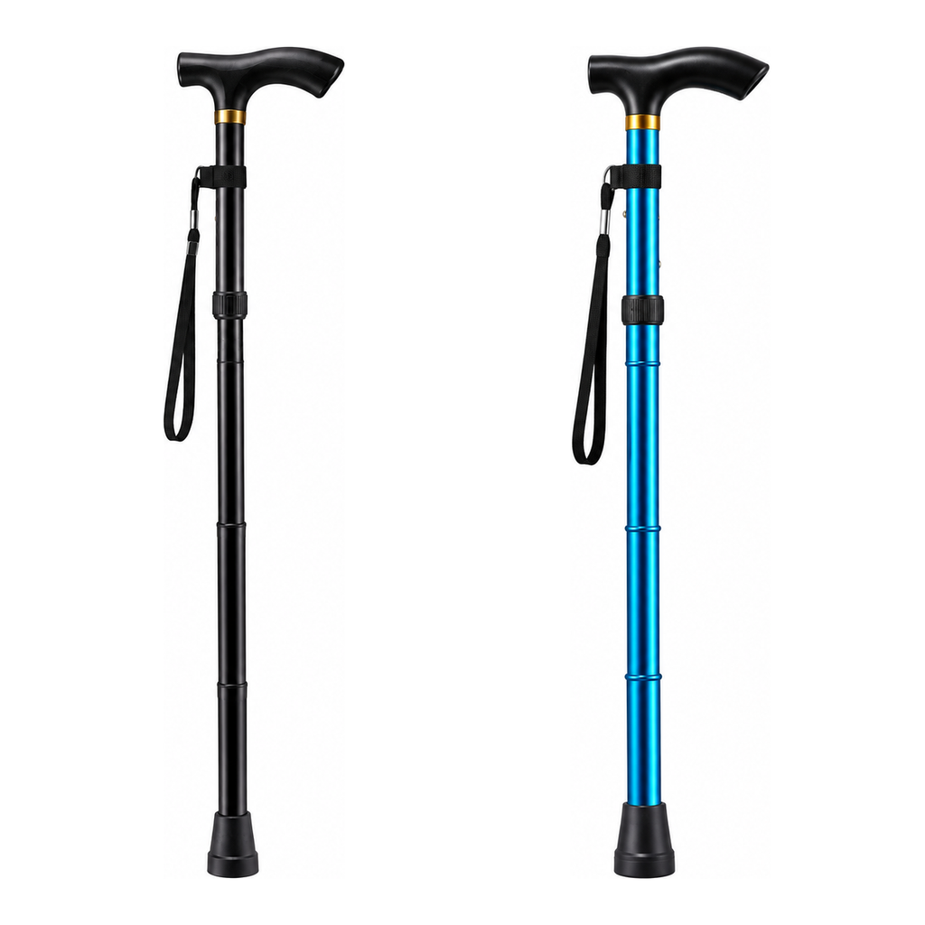 Kit com uma bengala dobrável preta e uma azul lado a lado