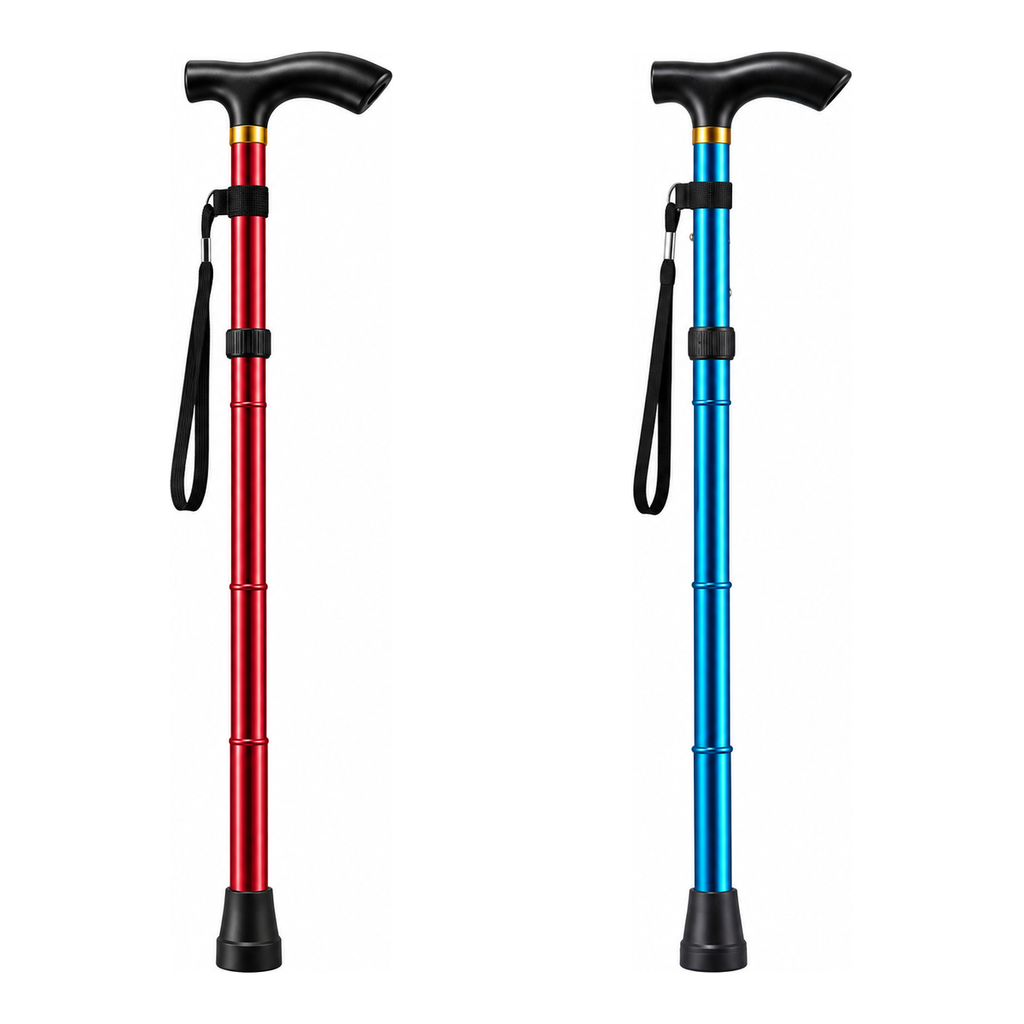 Kit com uma bengala dobrável vermelha e uma azul lado a lado