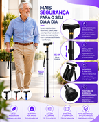 Arte das características da bengala dobrável preta: altura regulável de 70 cm a 94 cm, suporta até 100 kg, empunhadura ergonômica, dobrável e ponteira de borracha antiderrapante