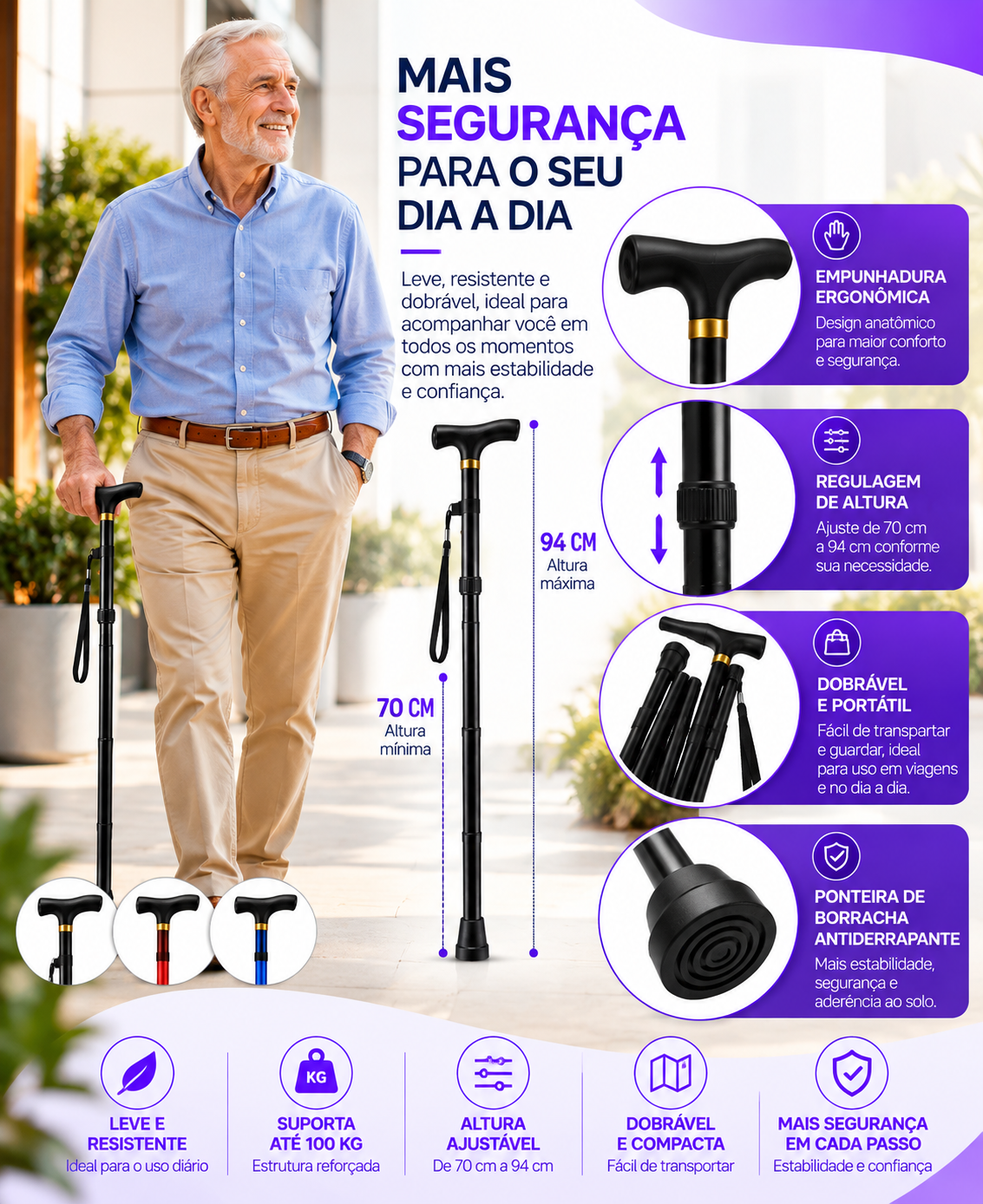 Arte das características da bengala dobrável preta: altura regulável de 70 cm a 94 cm, suporta até 100 kg, empunhadura ergonômica, dobrável e ponteira de borracha antiderrapante