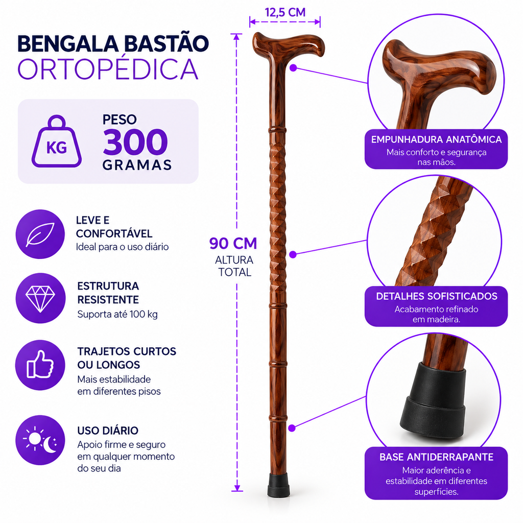 Arte das características da bengala de madeira: 90 cm de altura total, cabo de 12,5 cm, 300 gramas, suporta até 100 kg e base antiderrapante