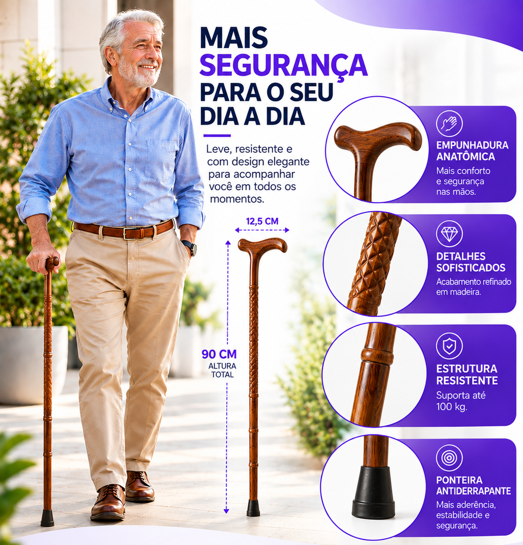 Senhor caminhando apoiado na bengala de madeira estilo jacarandá, com os destaques de empunhadura anatômica, acabamento em madeira, 100 kg de capacidade e ponteira antiderrapante