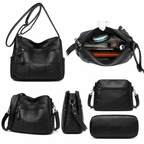 Bolsa Bali preta vista de frente, de lado, de costas com bolso com zíper, por baixo e aberta