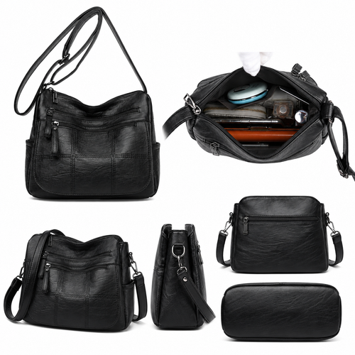 Bolsa Bali preta vista de frente, de lado, de costas com bolso com zíper, por baixo e aberta