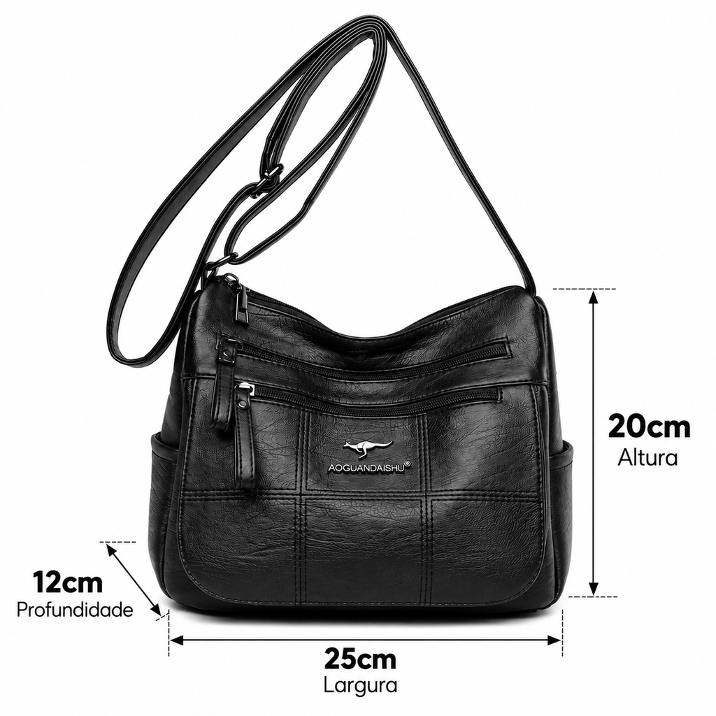 Medidas da bolsa Bali: 25 cm de largura, 20 cm de altura e 12 cm de profundidade