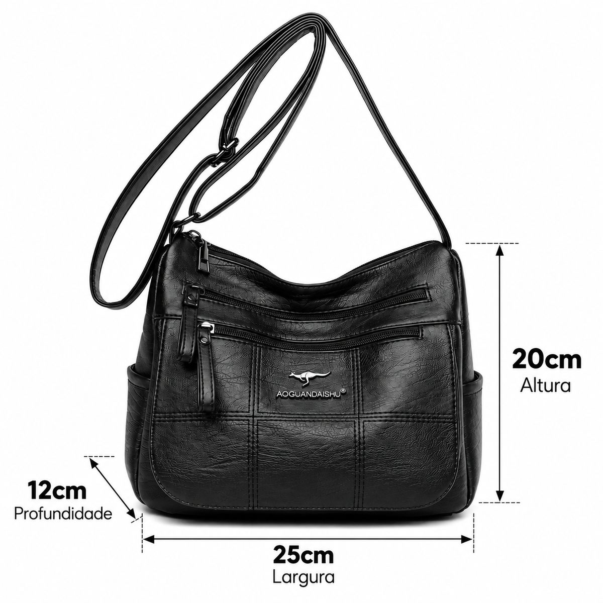 Medidas da bolsa Bali: 25 cm de largura, 20 cm de altura e 12 cm de profundidade