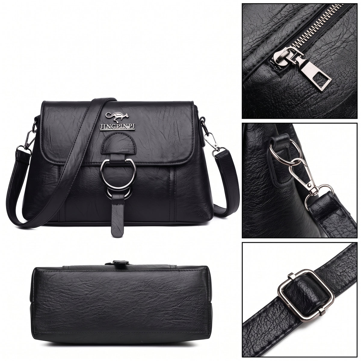 Detalhes da bolsa clutch preta: zíper, mosquetão da alça, fivela de regulagem e a base
