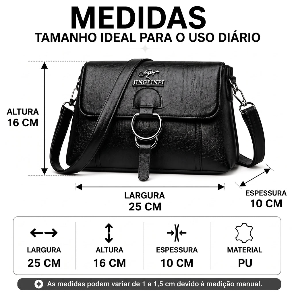Medidas da bolsa clutch: 25 cm de largura, 16 cm de altura e 10 cm de espessura, em couro sintético PU