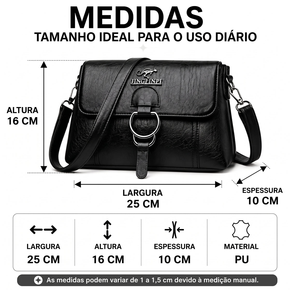 Medidas da bolsa clutch: 25 cm de largura, 16 cm de altura e 10 cm de espessura, em couro sintético PU