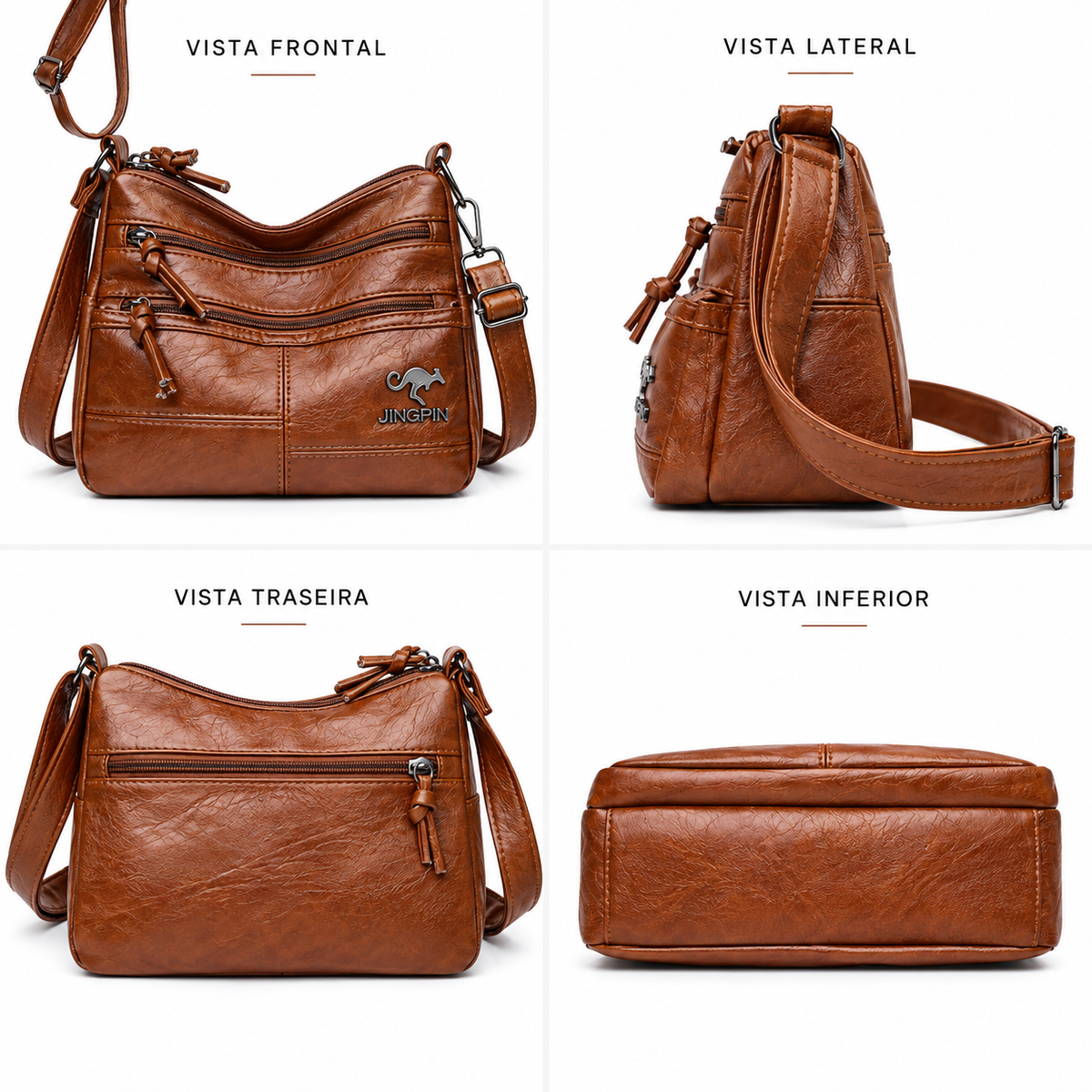 Bolsa crossbody caramelo vista de frente, de lado, de costas e por baixo