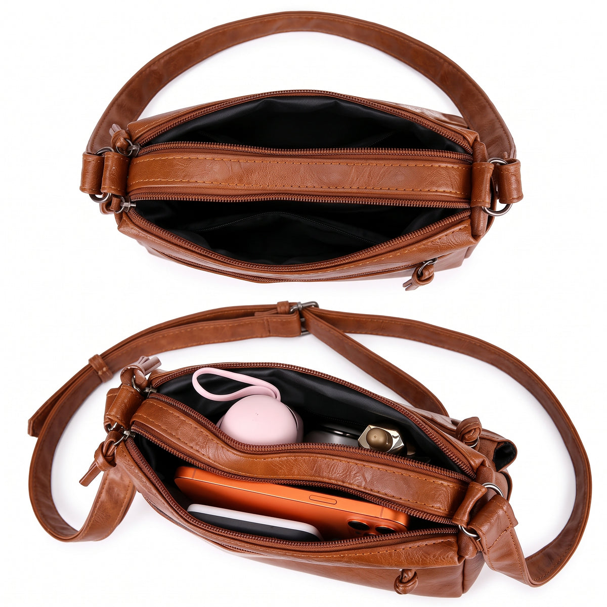 Bolsa crossbody caramelo aberta mostrando o compartimento principal e os bolsos internos com batom, chaves e maquiagem