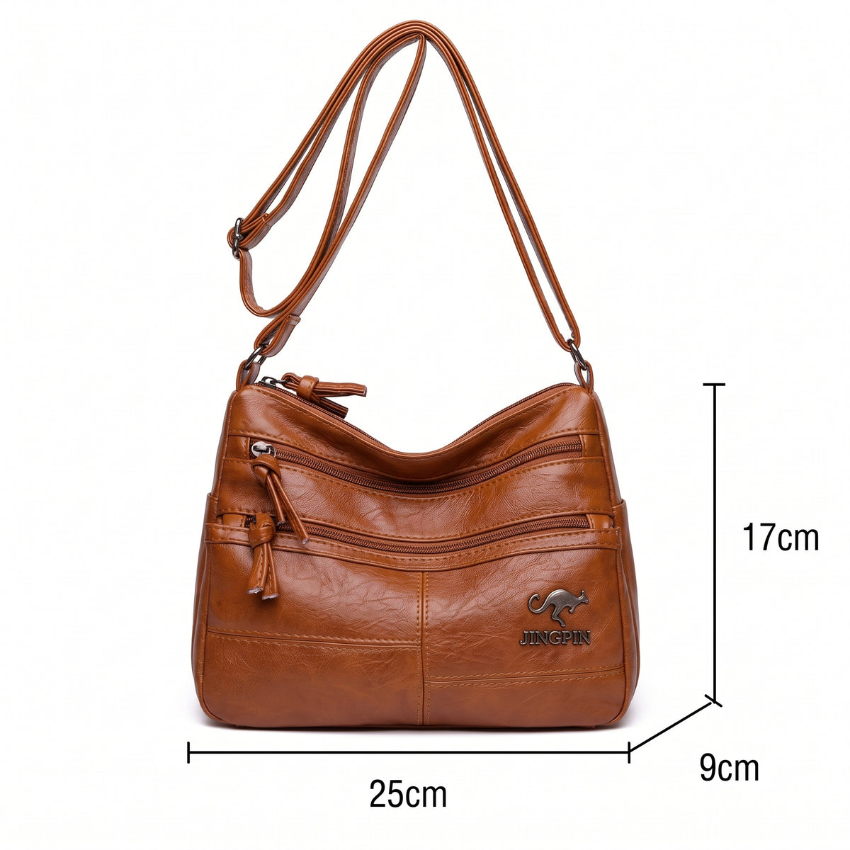 Medidas da bolsa crossbody: 25 cm de largura, 17 cm de altura e 9 cm de profundidade