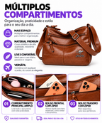 Benefícios da bolsa crossbody: múltiplos compartimentos, couro sintético, leve e confortável, compartimento principal amplo, bolso frontal com zíper e bolso traseiro com zíper