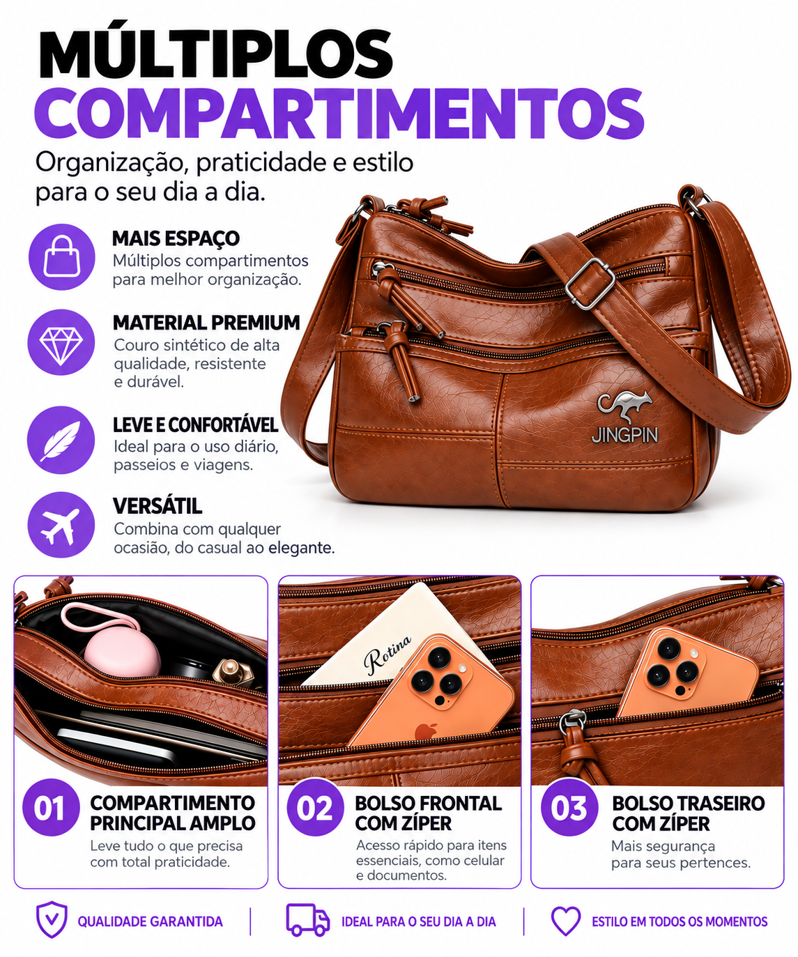Benefícios da bolsa crossbody: múltiplos compartimentos, couro sintético, leve e confortável, compartimento principal amplo, bolso frontal com zíper e bolso traseiro com zíper