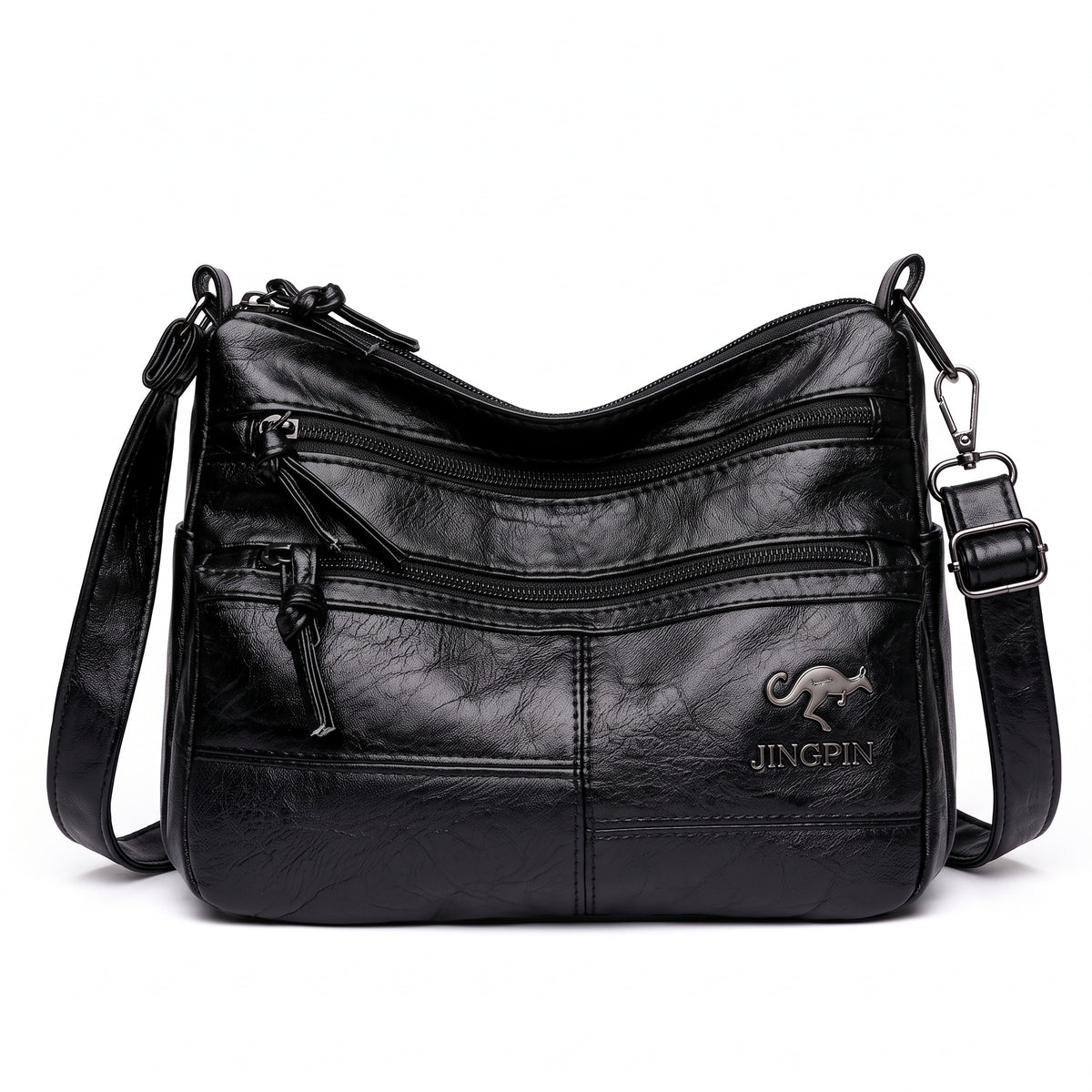 Bolsa transversal crossbody feminina preta de couro sintético vista de frente