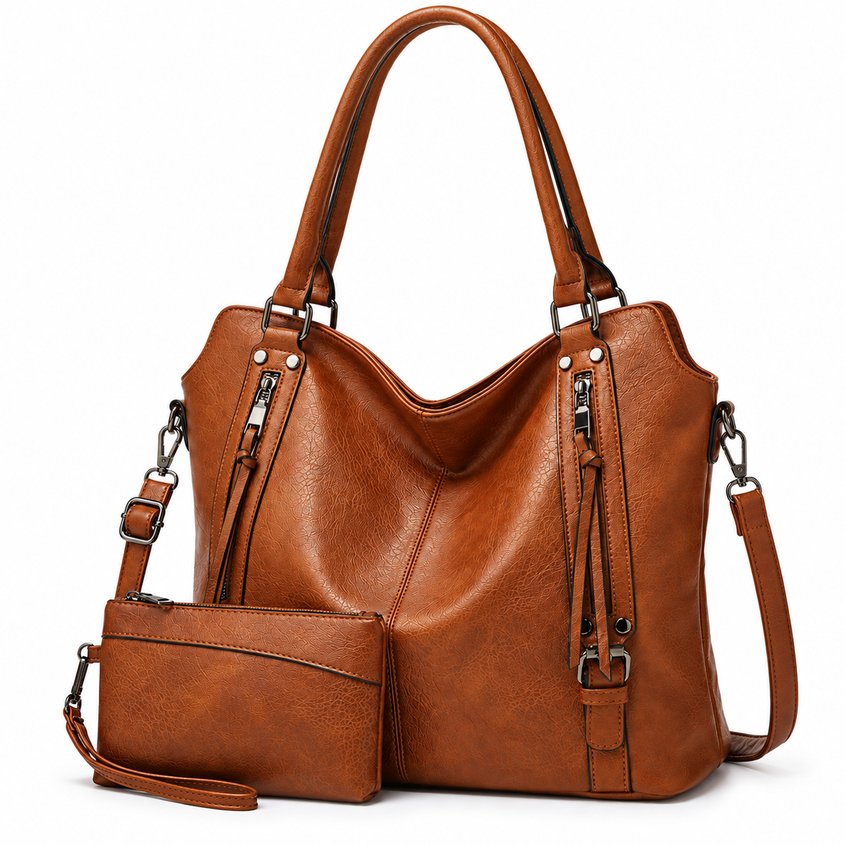 Bolsa tote bag feminina caramelo de couro sintético com a carteira que acompanha