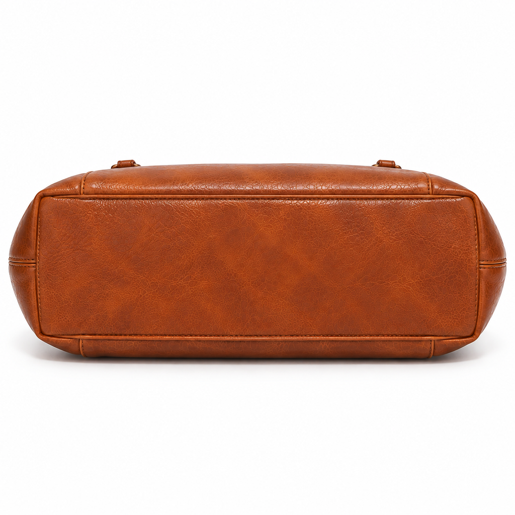 Base da bolsa tote caramelo vista por baixo