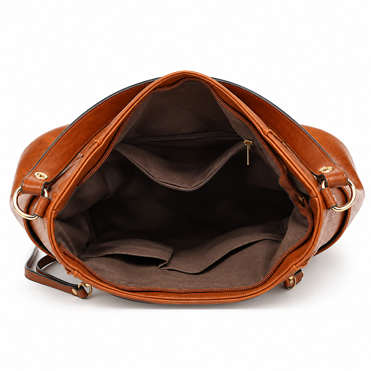 Interior da bolsa tote caramelo com forro, divisórias e bolso com zíper