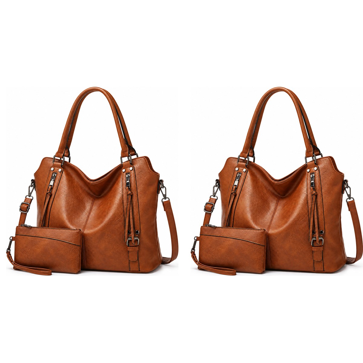 Kit com 2 bolsas tote caramelo, cada uma com a sua carteira